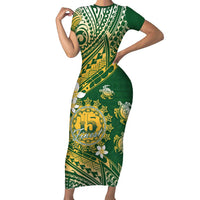 Cook Islands 15 Finest Family Matching Short Sleeve Bodycon Dress and Hawaiian Shirt Plumeria Polynesian Turtle LT05 Mom's Dress Green - Polynesian Pride