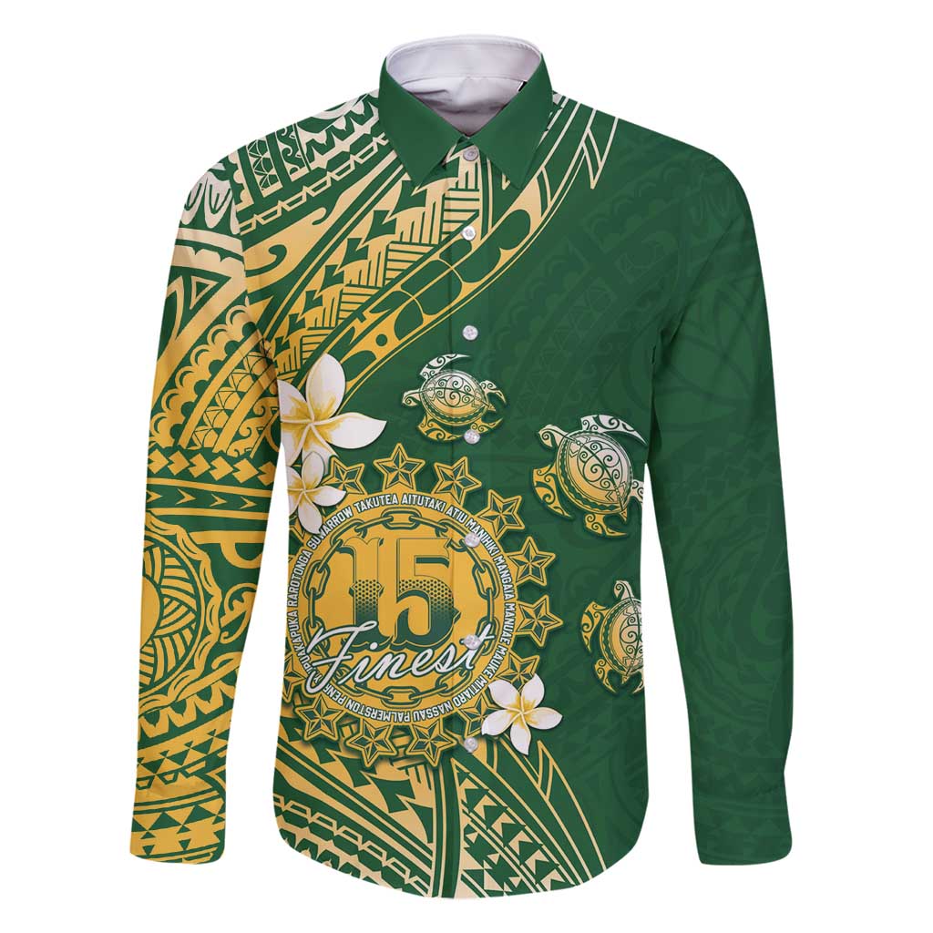 Cook Islands 15 Finest Family Matching Summer Maxi Dress and Hawaiian Shirt Plumeria Polynesian Turtle LT05 Dad's Shirt - Long Sleeve Green - Polynesian Pride