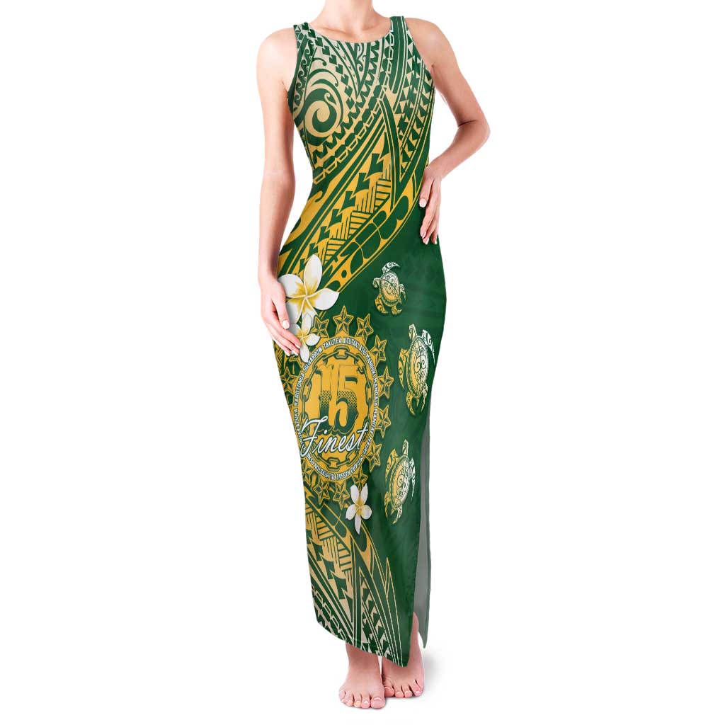 Cook Islands 15 Finest Family Matching Tank Maxi Dress and Hawaiian Shirt Plumeria Polynesian Turtle LT05 Mom's Dress Green - Polynesian Pride
