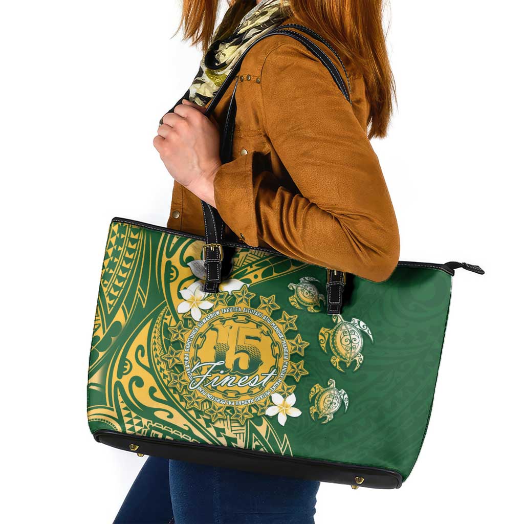 Cook Islands 15 Finest Leather Tote Bag Plumeria Polynesian Turtle LT05 Green - Polynesian Pride