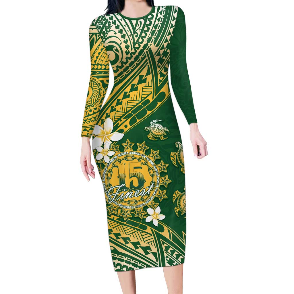 Cook Islands 15 Finest Long Sleeve Bodycon Dress Plumeria Polynesian Turtle LT05 Long Dress Green - Polynesian Pride