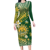 Cook Islands 15 Finest Long Sleeve Bodycon Dress Plumeria Polynesian Turtle LT05 Long Dress Green - Polynesian Pride