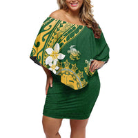 Cook Islands 15 Finest Off Shoulder Short Dress Plumeria Polynesian Turtle LT05 Women Green - Polynesian Pride