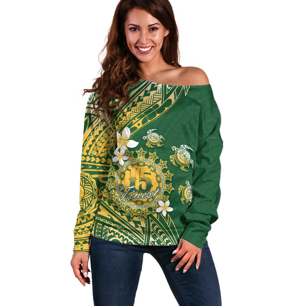 Cook Islands 15 Finest Off Shoulder Sweater Plumeria Polynesian Turtle LT05 Women Green - Polynesian Pride