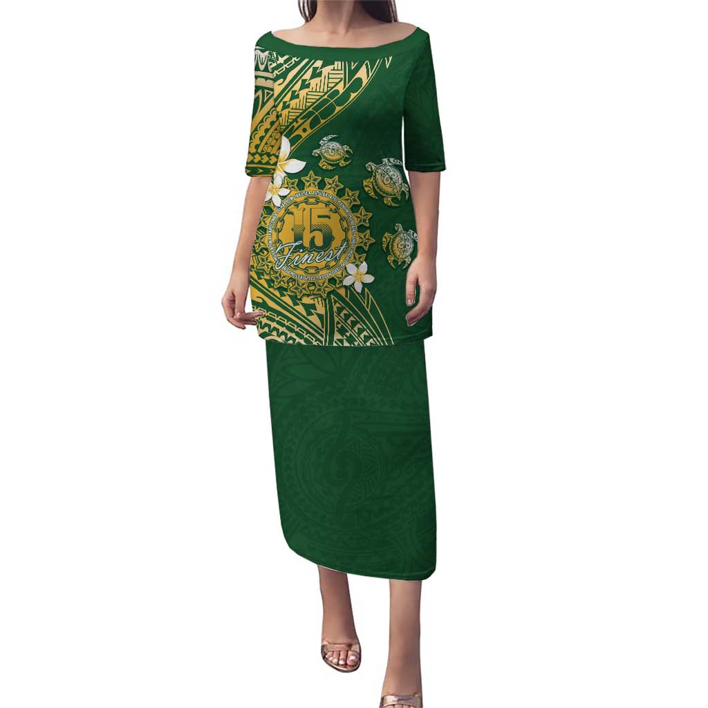 Cook Islands 15 Finest Puletasi Plumeria Polynesian Turtle LT05 Long Dress Green - Polynesian Pride