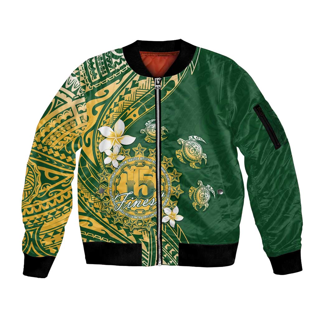 Cook Islands 15 Finest Sleeve Zip Bomber Jacket Plumeria Polynesian Turtle LT05 Unisex Green - Polynesian Pride
