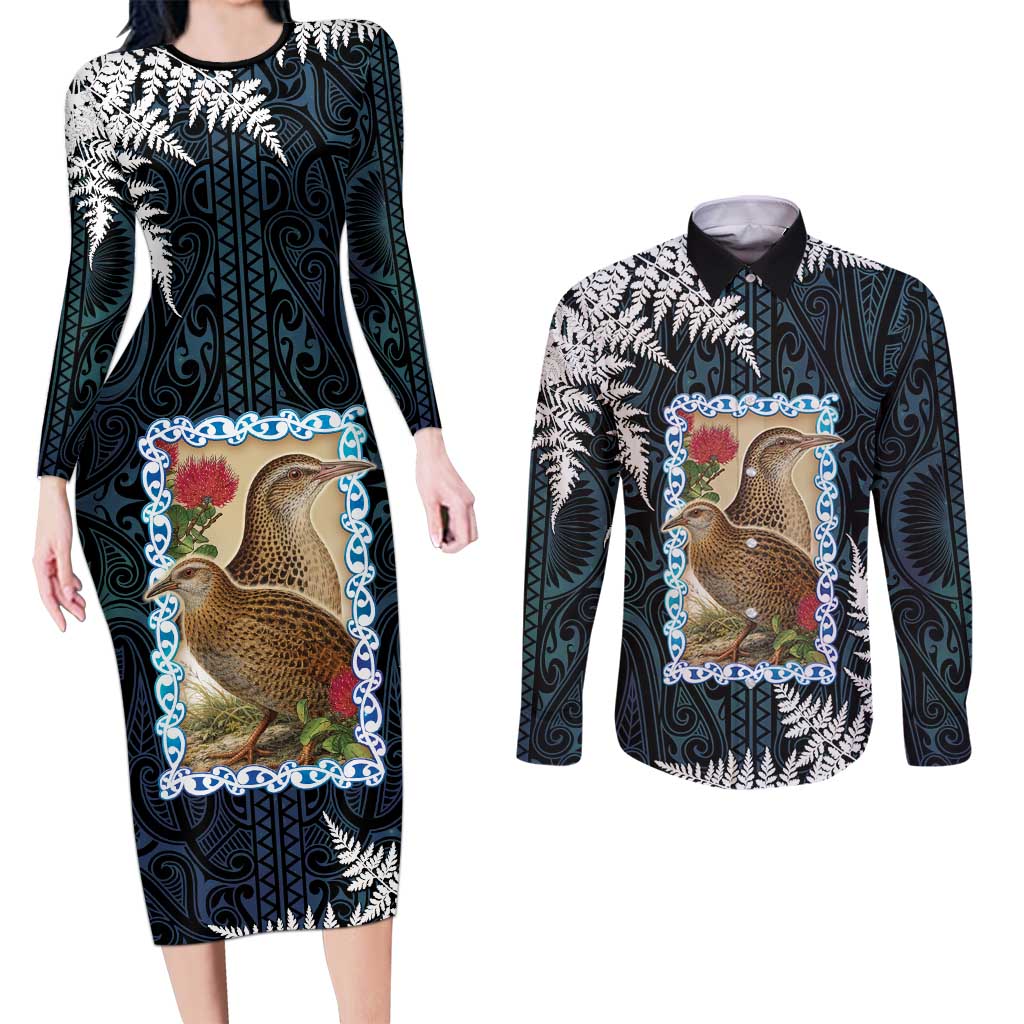 New Zealand Weka Couples Matching Long Sleeve Bodycon Dress and Long Sleeve Button Shirt Maori Hen Koru Pattern LT05 Black - Polynesian Pride