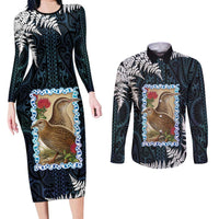 New Zealand Weka Couples Matching Long Sleeve Bodycon Dress and Long Sleeve Button Shirt Maori Hen Koru Pattern LT05 Black - Polynesian Pride