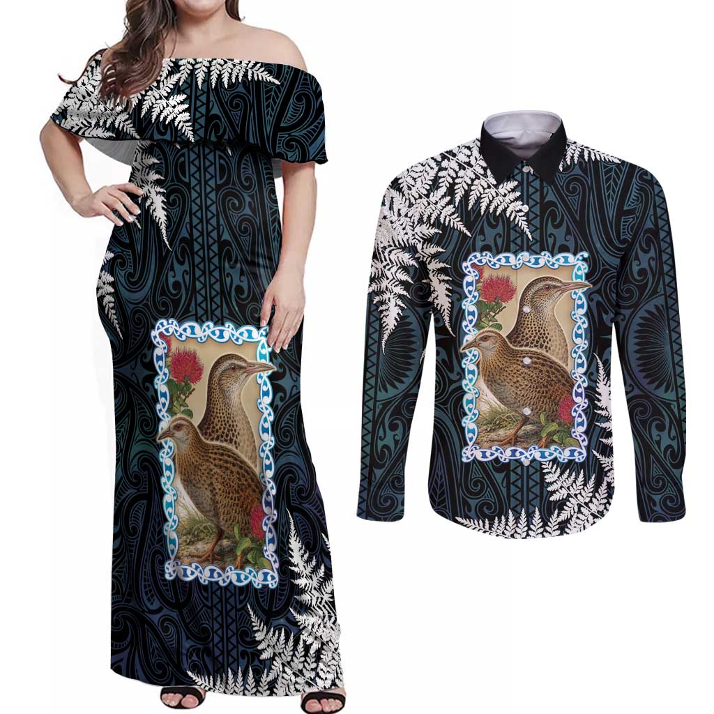 New Zealand Weka Couples Matching Off Shoulder Maxi Dress and Long Sleeve Button Shirt Maori Hen Koru Pattern LT05 Black - Polynesian Pride