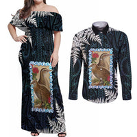 New Zealand Weka Couples Matching Off Shoulder Maxi Dress and Long Sleeve Button Shirt Maori Hen Koru Pattern - Polynesian Pride