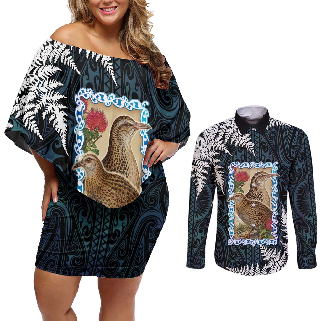 New Zealand Weka Couples Matching Off Shoulder Short Dress and Long Sleeve Button Shirt Maori Hen Koru Pattern LT05 Black - Polynesian Pride