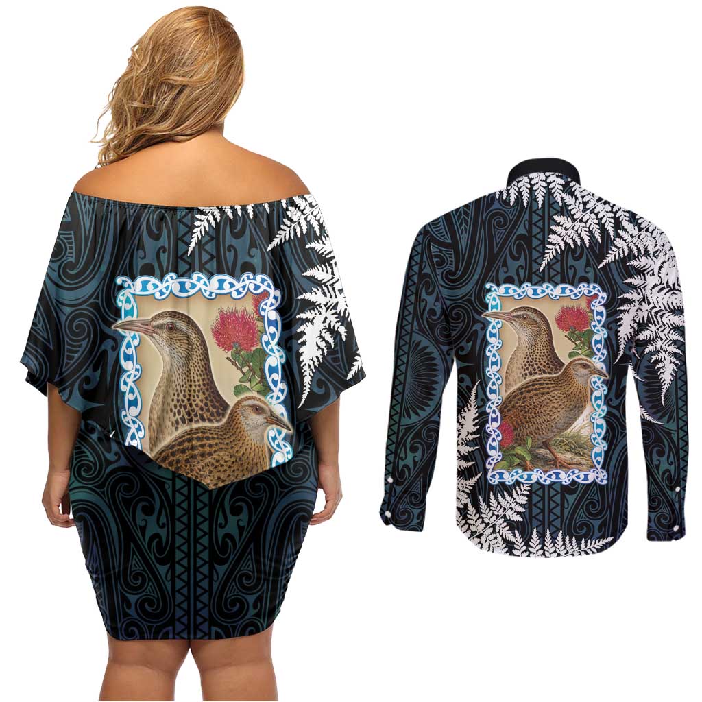 New Zealand Weka Couples Matching Off Shoulder Short Dress and Long Sleeve Button Shirt Maori Hen Koru Pattern LT05 - Polynesian Pride