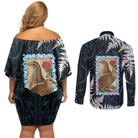 New Zealand Weka Couples Matching Off Shoulder Short Dress and Long Sleeve Button Shirt Maori Hen Koru Pattern LT05 - Polynesian Pride