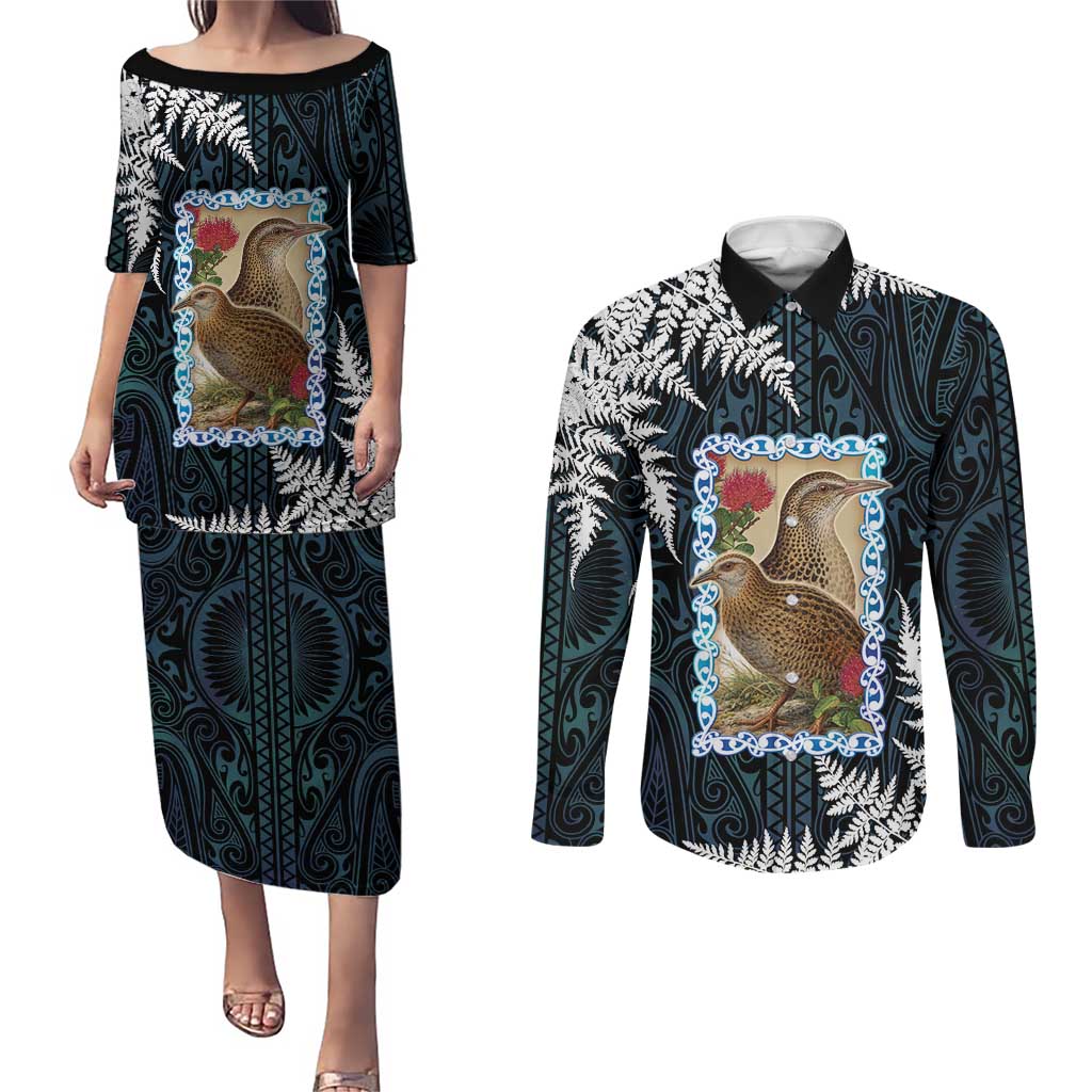 New Zealand Weka Couples Matching Puletasi and Long Sleeve Button Shirt Maori Hen Koru Pattern LT05 Black - Polynesian Pride
