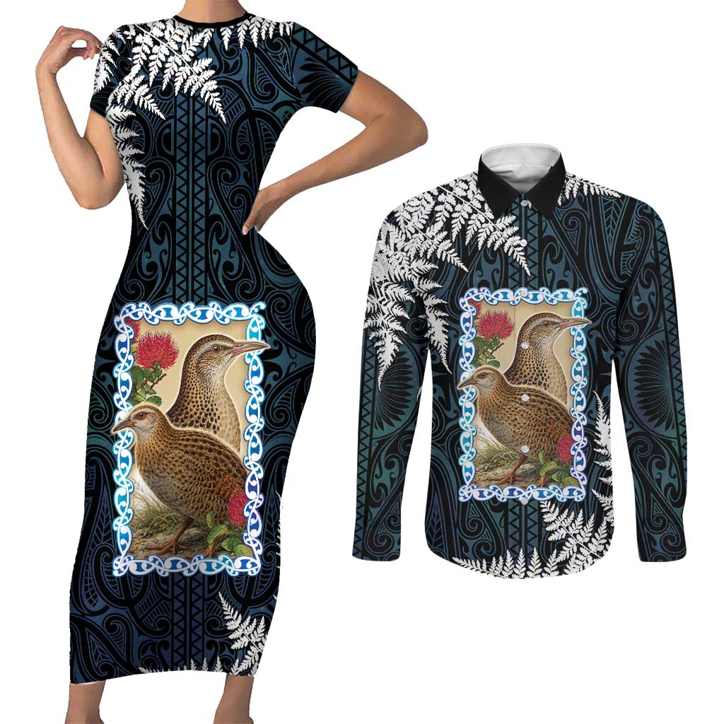 New Zealand Weka Couples Matching Short Sleeve Bodycon Dress and Long Sleeve Button Shirt Maori Hen Koru Pattern LT05 Black - Polynesian Pride