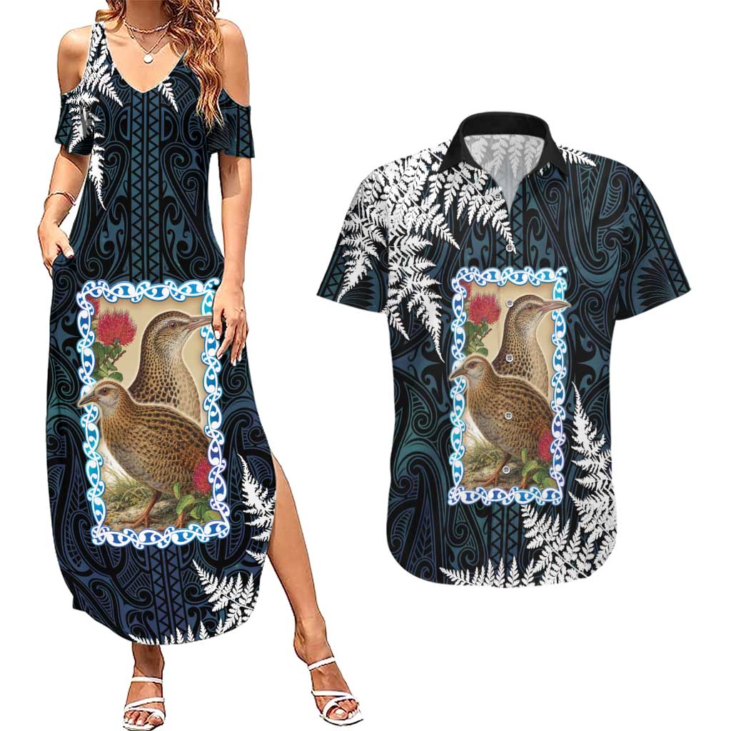 New Zealand Weka Couples Matching Summer Maxi Dress and Hawaiian Shirt Maori Hen Koru Pattern LT05 Black - Polynesian Pride