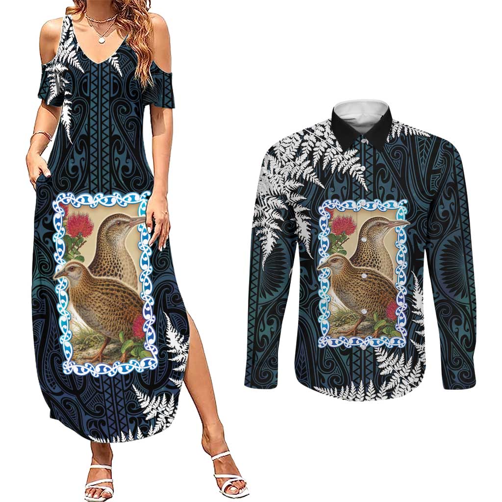 New Zealand Weka Couples Matching Summer Maxi Dress and Long Sleeve Button Shirt Maori Hen Koru Pattern LT05 Black - Polynesian Pride