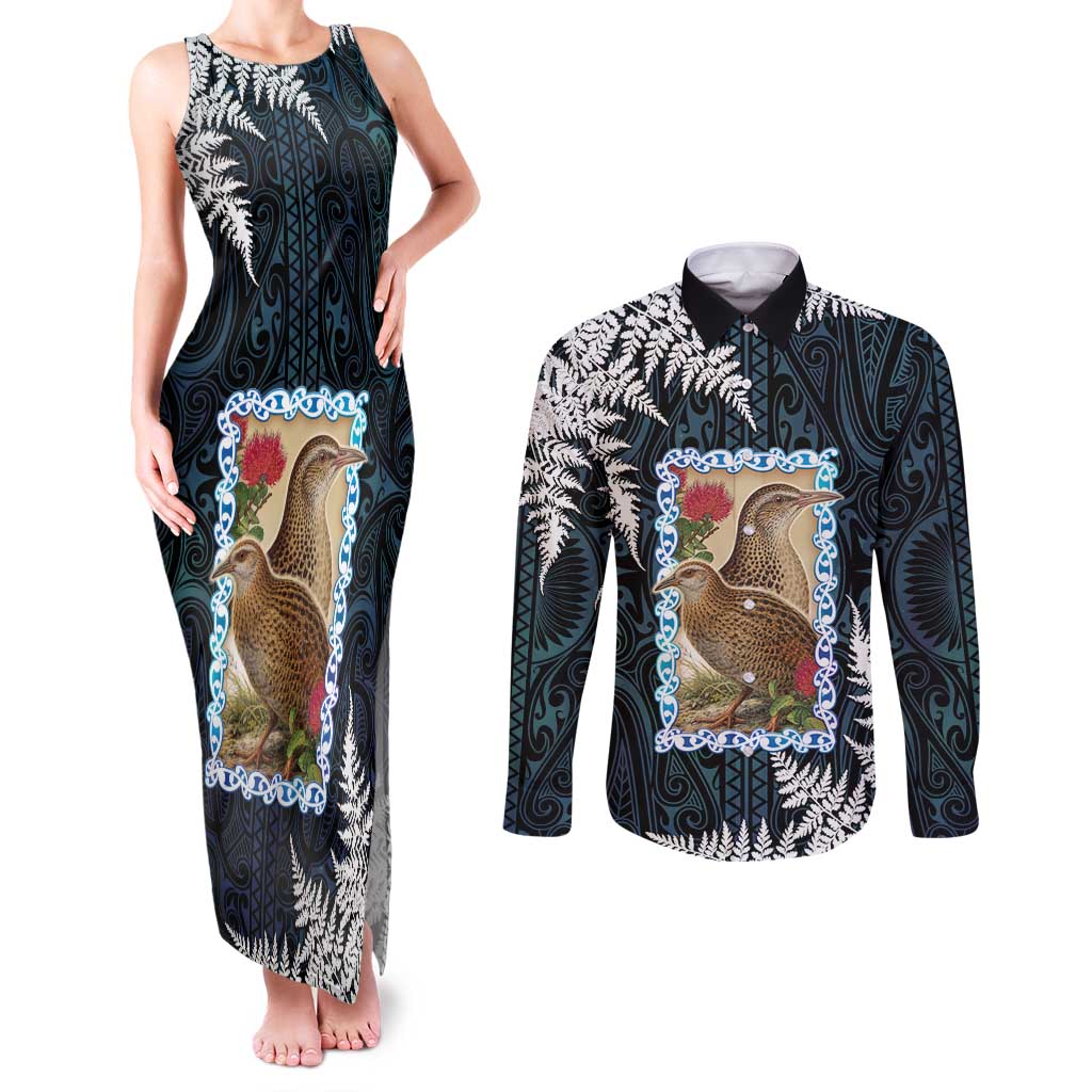 New Zealand Weka Couples Matching Tank Maxi Dress and Long Sleeve Button Shirt Maori Hen Koru Pattern LT05 Black - Polynesian Pride