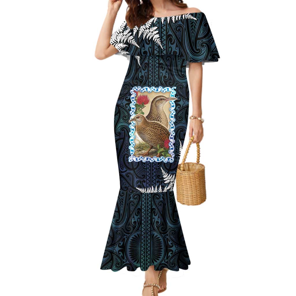 New Zealand Weka Family Matching Mermaid Dress and Hawaiian Shirt Maori Hen Koru Pattern LT05 Mom's Dress Black - Polynesian Pride