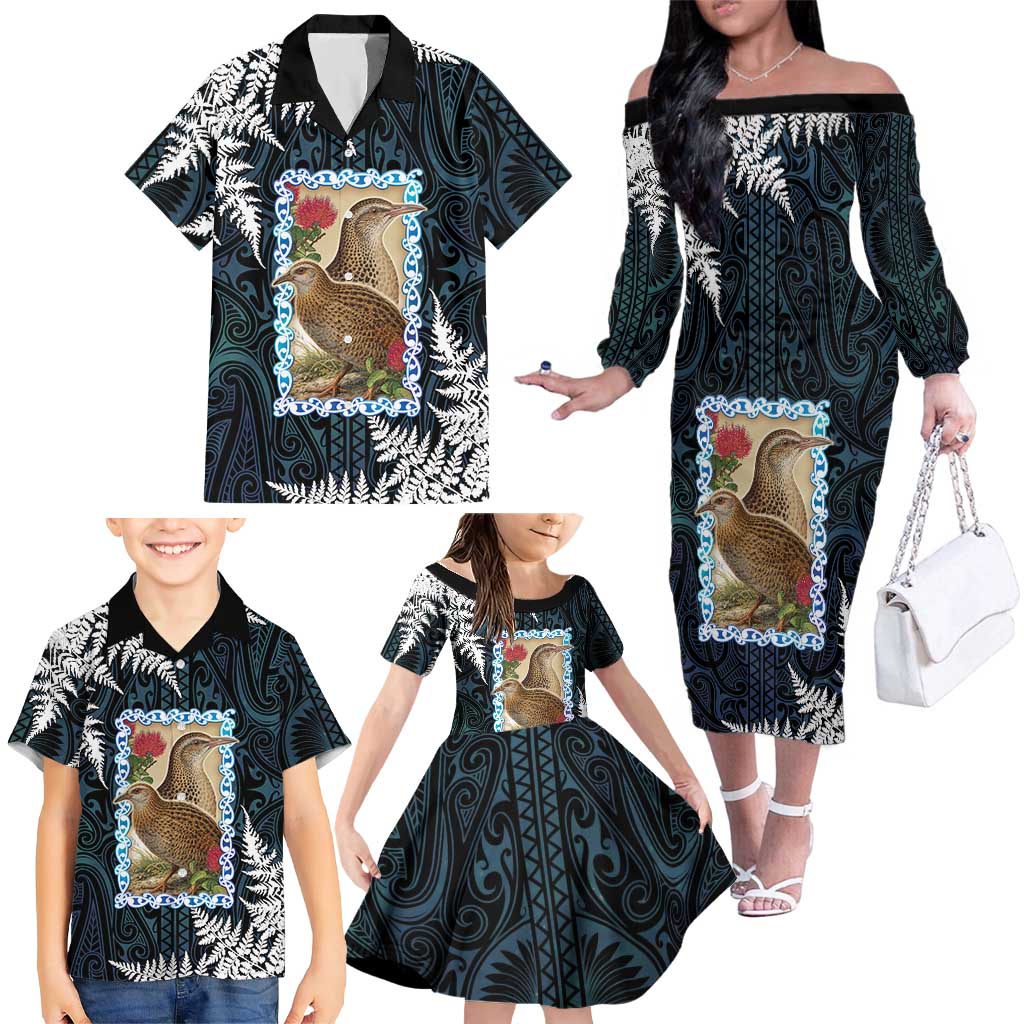 New Zealand Weka Family Matching Off The Shoulder Long Sleeve Dress and Hawaiian Shirt Maori Hen Koru Pattern LT05 - Polynesian Pride