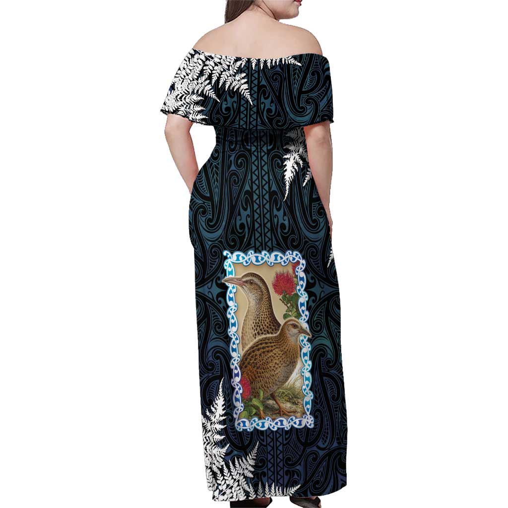 New Zealand Weka Family Matching Off Shoulder Maxi Dress and Hawaiian Shirt Maori Hen Koru Pattern LT05 - Polynesian Pride