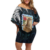 New Zealand Weka Family Matching Off Shoulder Short Dress and Hawaiian Shirt Maori Hen Koru Pattern LT05 Mom's Dress Black - Polynesian Pride