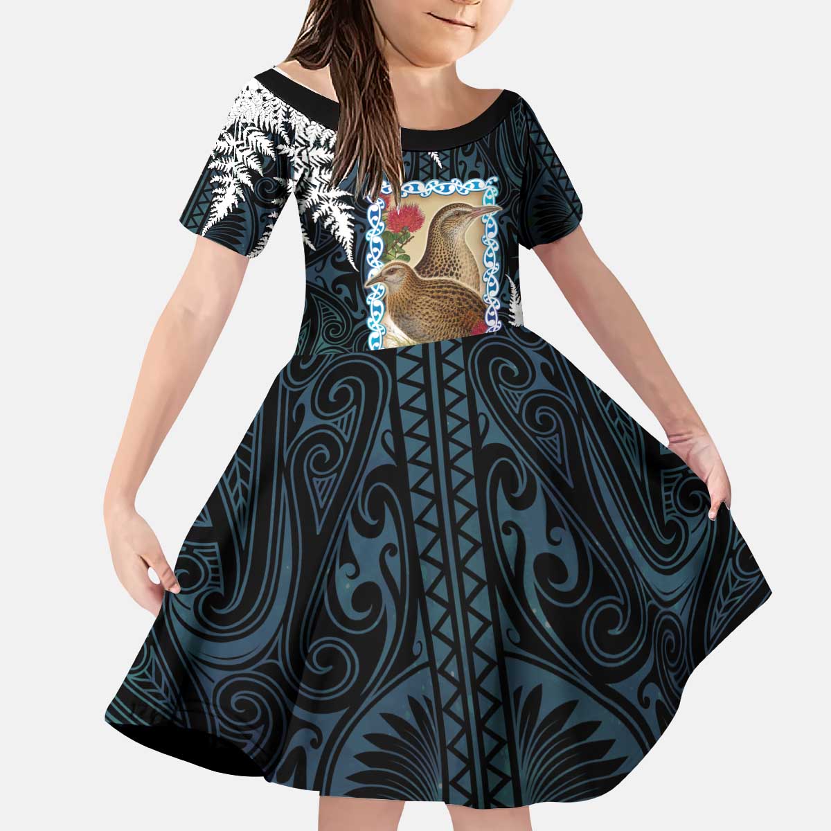 New Zealand Weka Kid Short Sleeve Dress Maori Hen Koru Pattern LT05 KID Black - Polynesian Pride