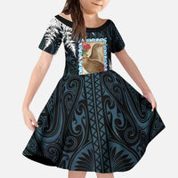 New Zealand Weka Kid Short Sleeve Dress Maori Hen Koru Pattern LT05 KID Black - Polynesian Pride