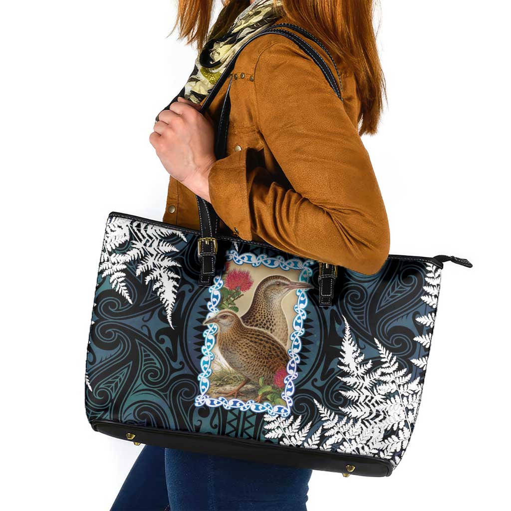 New Zealand Weka Leather Tote Bag Maori Hen Koru Pattern LT05 Black - Polynesian Pride