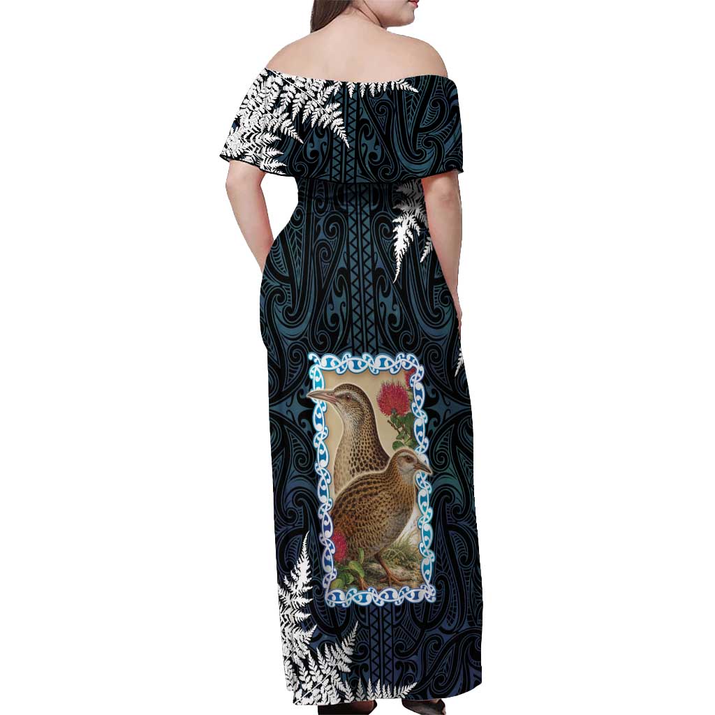 New Zealand Weka Off Shoulder Maxi Dress Maori Hen Koru Pattern - Polynesian Pride