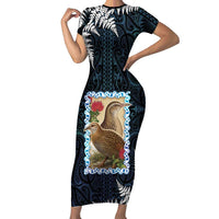 New Zealand Weka Short Sleeve Bodycon Dress Maori Hen Koru Pattern LT05 Long Dress Black - Polynesian Pride