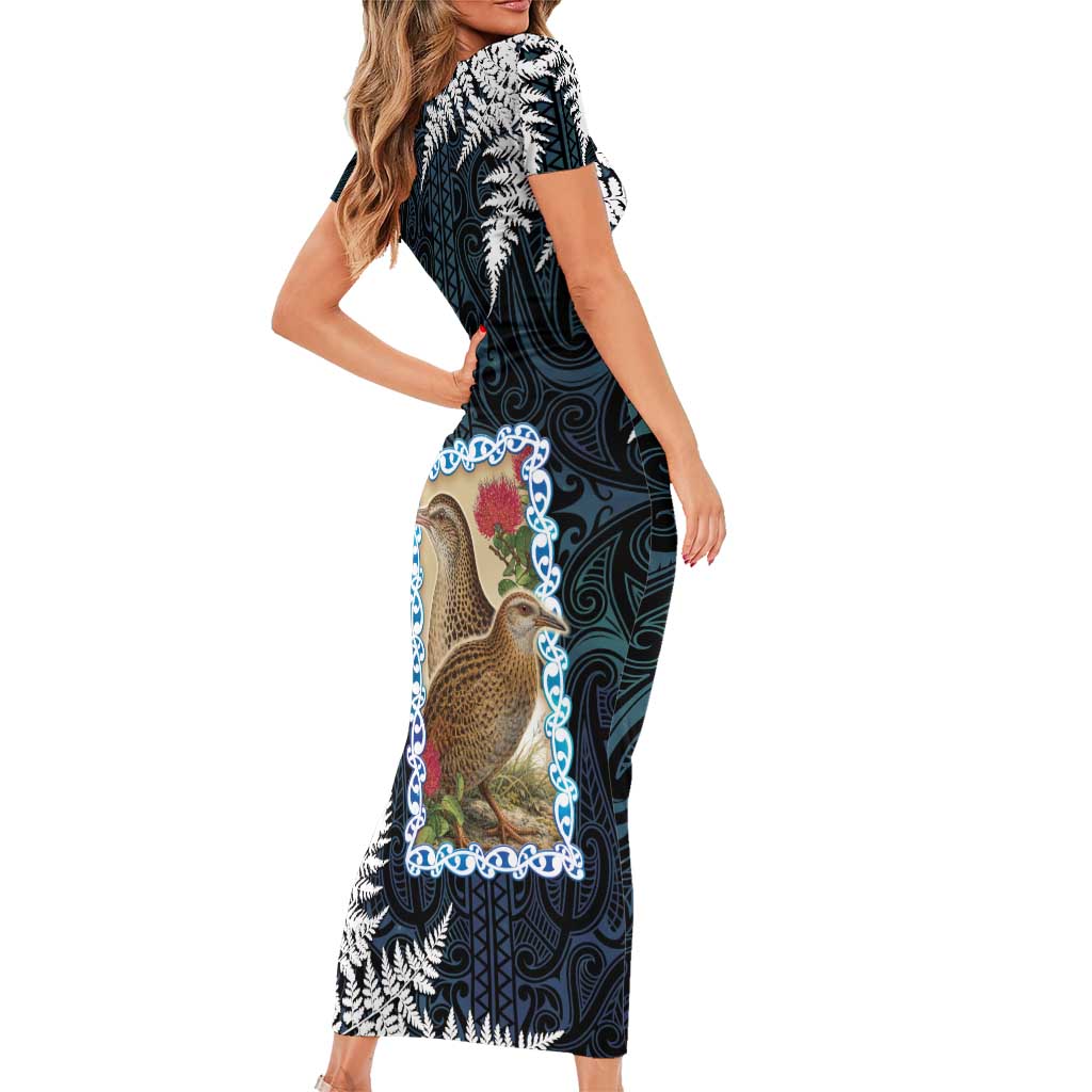 New Zealand Weka Short Sleeve Bodycon Dress Maori Hen Koru Pattern LT05 - Polynesian Pride