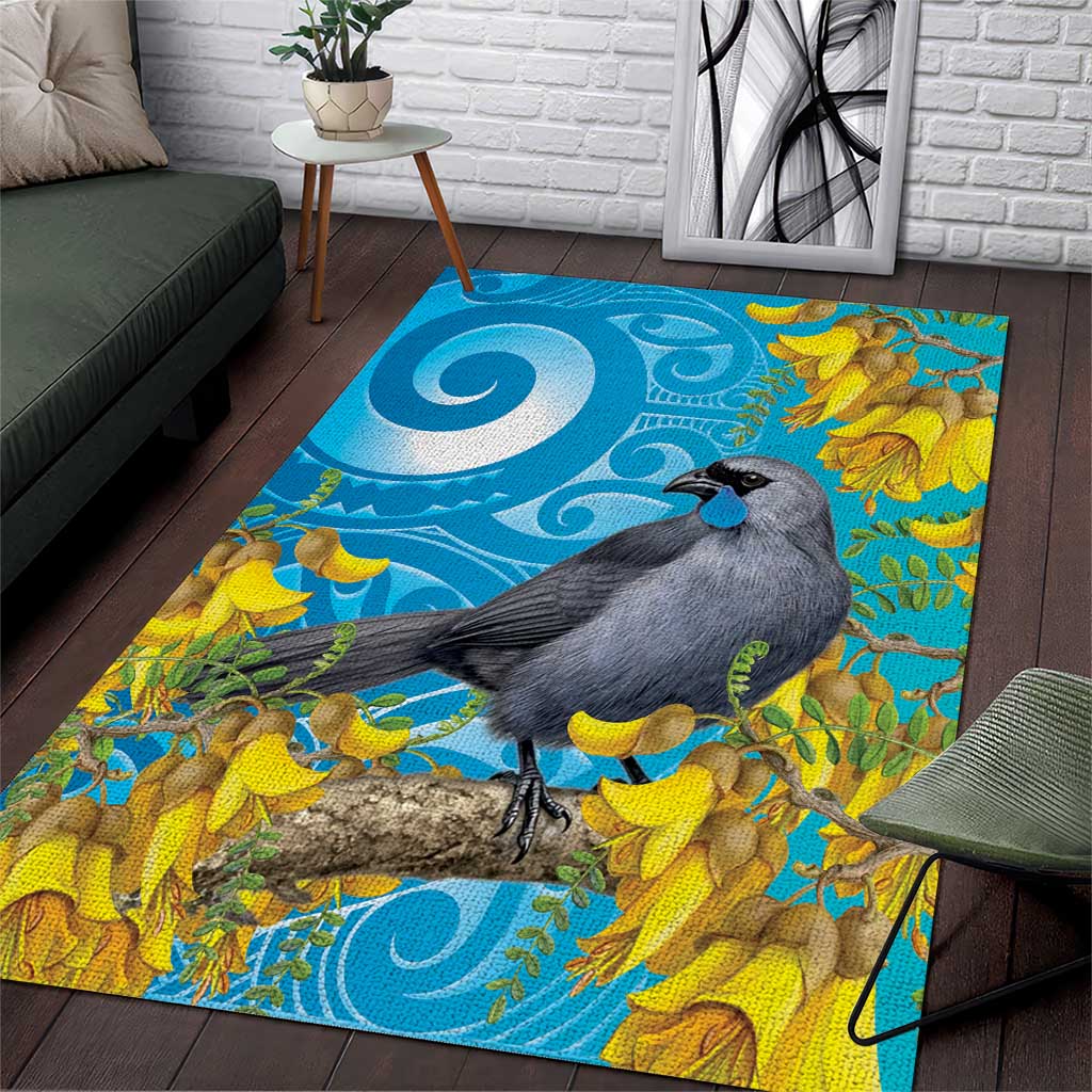 New Zealand Kokako Bird Area Rug Maori Koru With Kowhai Flowers - Polynesian Pride
