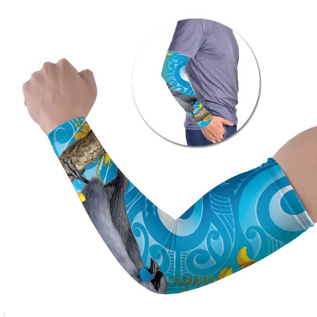New Zealand Kokako Bird Arm Sleeves Maori Koru With Kowhai Flowers - Polynesian Pride