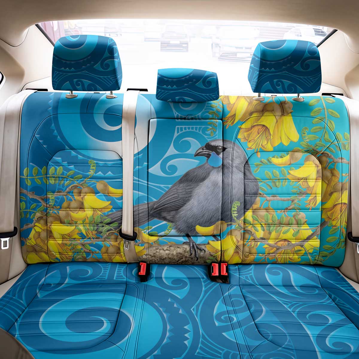 New Zealand Kokako Bird Back Car Seat Cover Maori Koru With Kowhai Flowers LT05 - Polynesian Pride