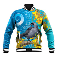 New Zealand Kokako Bird Baseball Jacket Maori Koru With Kowhai Flowers - Polynesian Pride