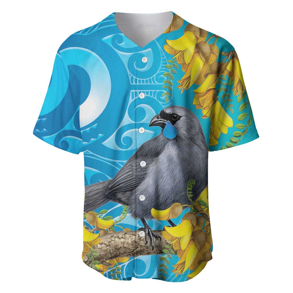 New Zealand Kokako Bird Baseball Jersey Maori Koru With Kowhai Flowers LT05 Aqua - Polynesian Pride