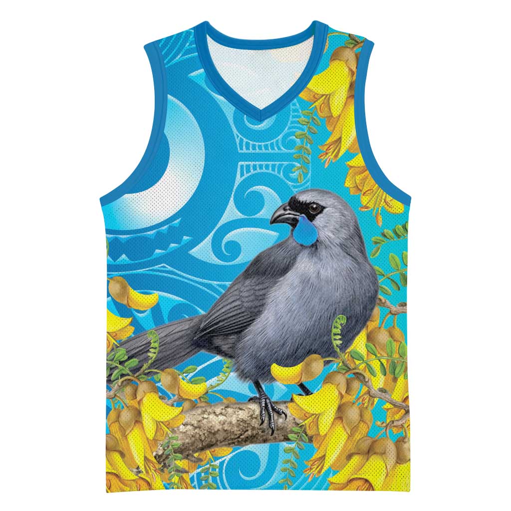 New Zealand Kokako Bird Basketball Jersey Maori Koru With Kowhai Flowers LT05 Unisex Aqua - Polynesian Pride