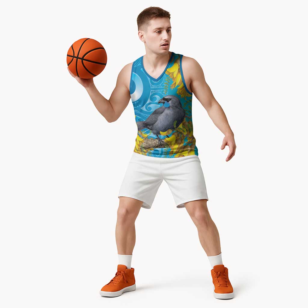 New Zealand Kokako Bird Basketball Jersey Maori Koru With Kowhai Flowers LT05 - Polynesian Pride