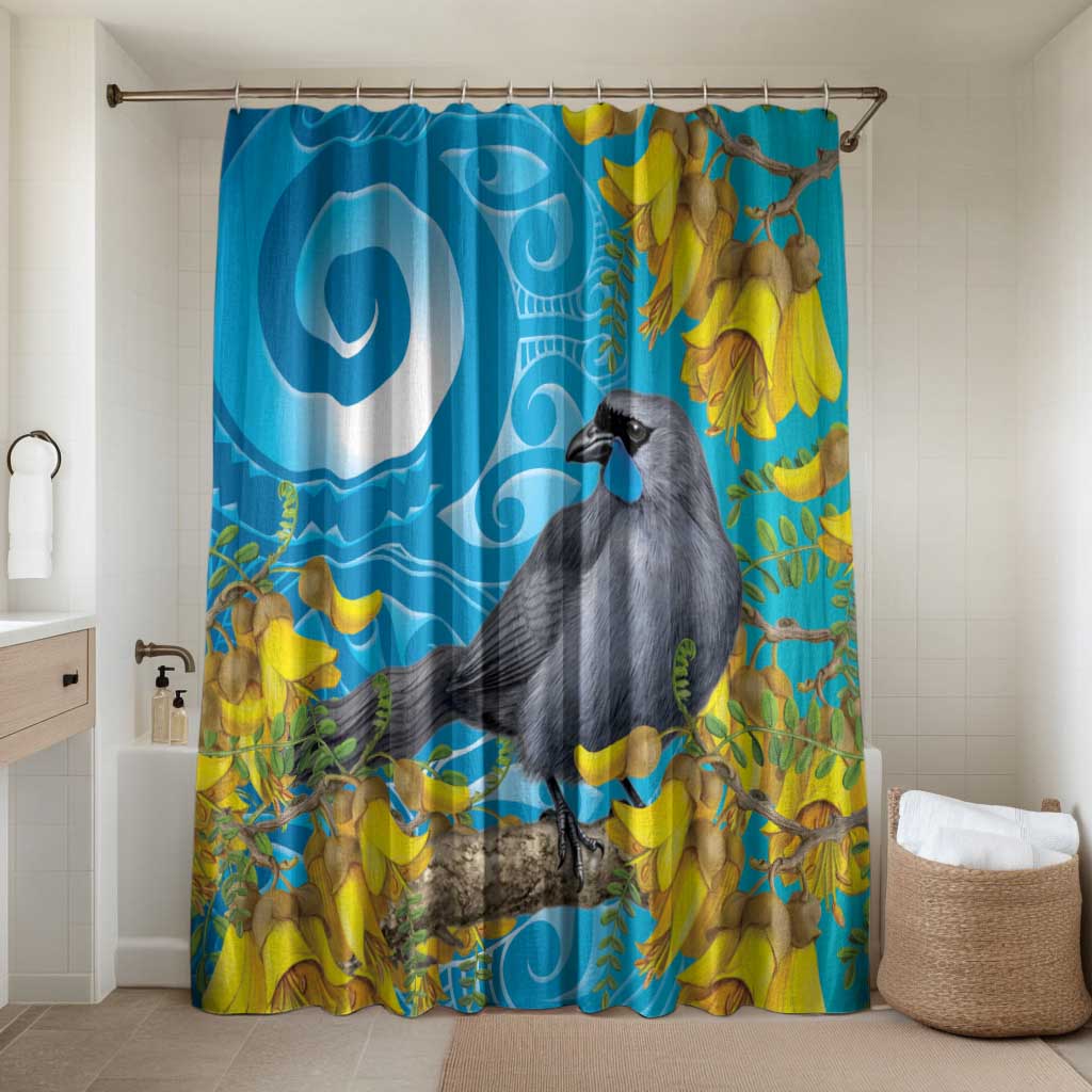 New Zealand Kokako Bird Bathroom Set Maori Koru With Kowhai Flowers LT05 Shower Curtain Only Aqua - Polynesian Pride