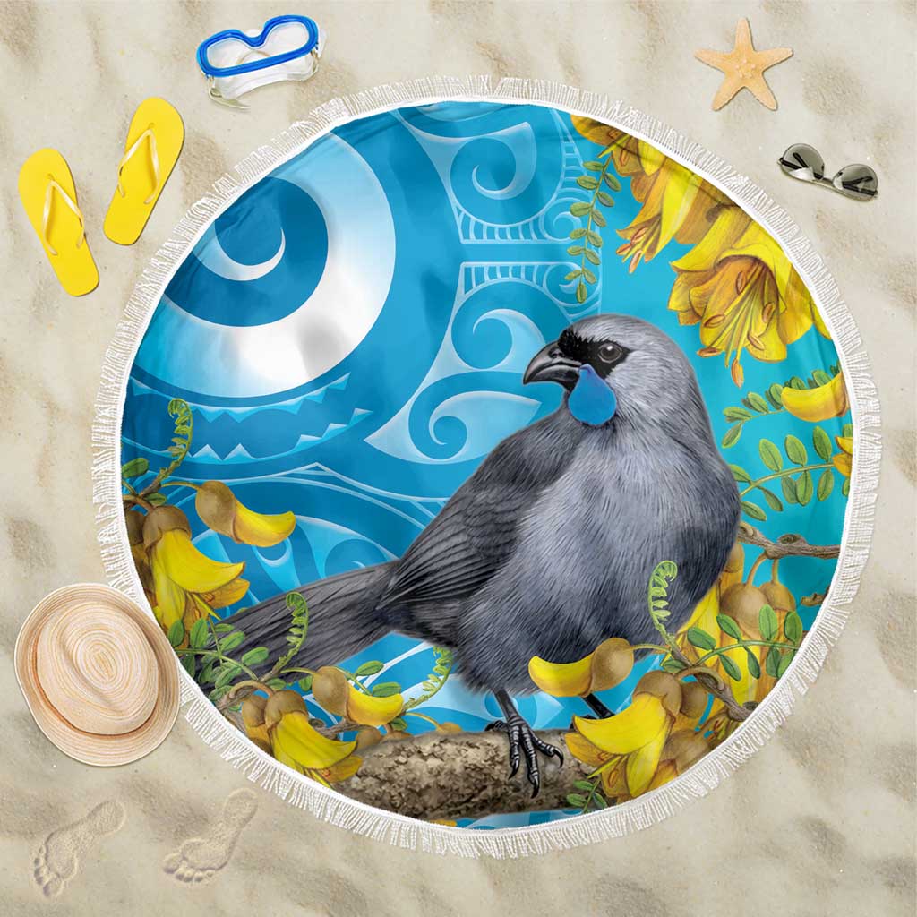 New Zealand Kokako Bird Beach Blanket Maori Koru With Kowhai Flowers LT05 One Size 150cm Aqua - Polynesian Pride