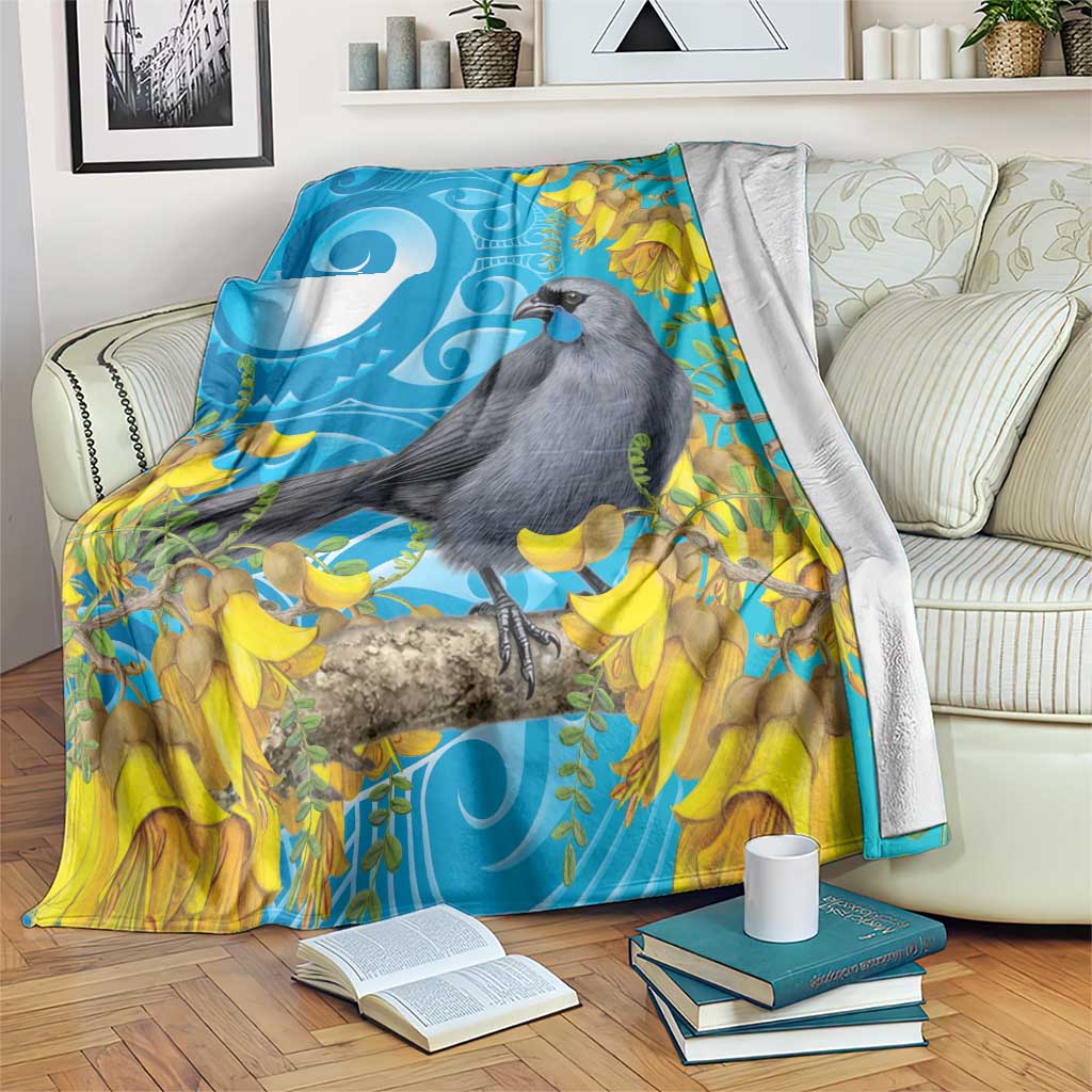 New Zealand Kokako Bird Blanket Maori Koru With Kowhai Flowers LT05 Aqua - Polynesian Pride