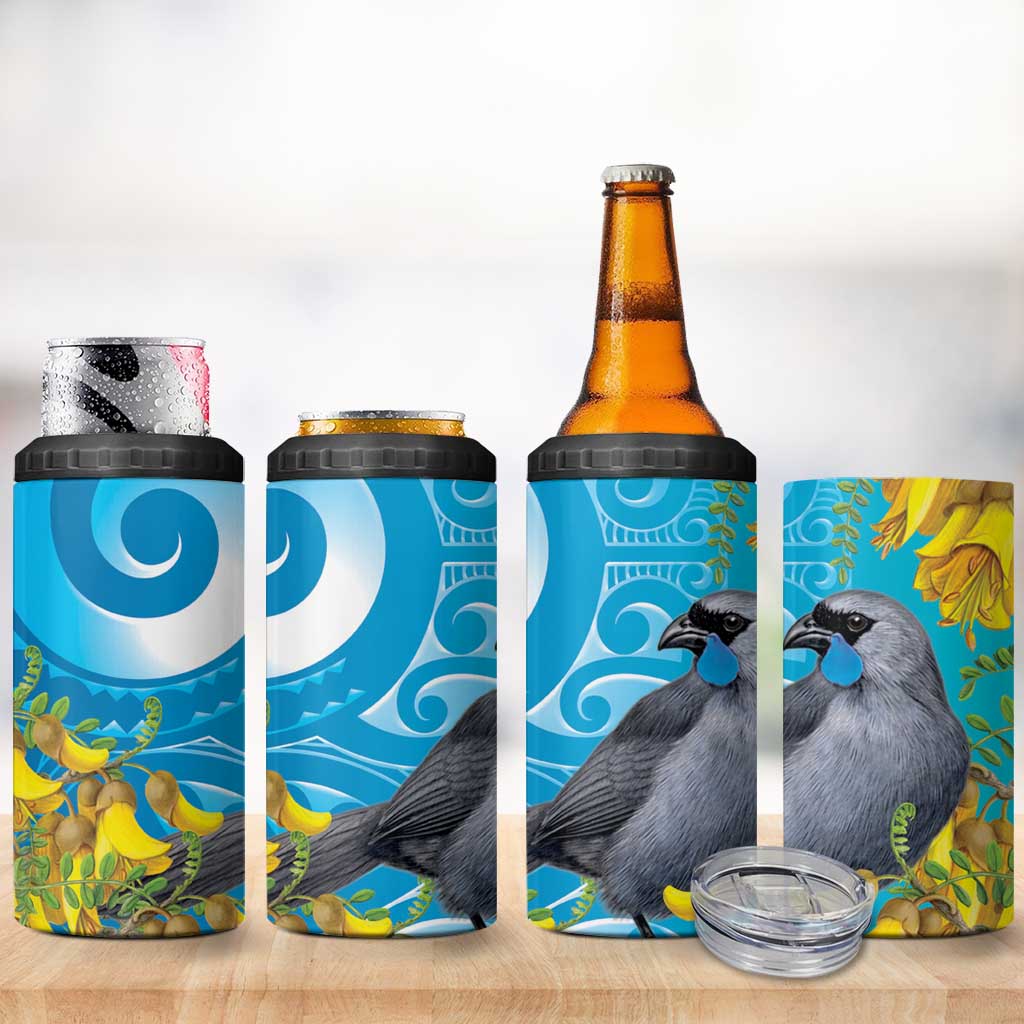 New Zealand Kokako Bird 4 in 1 Can Cooler Tumbler Maori Koru With Kowhai Flowers LT05 - Polynesian Pride
