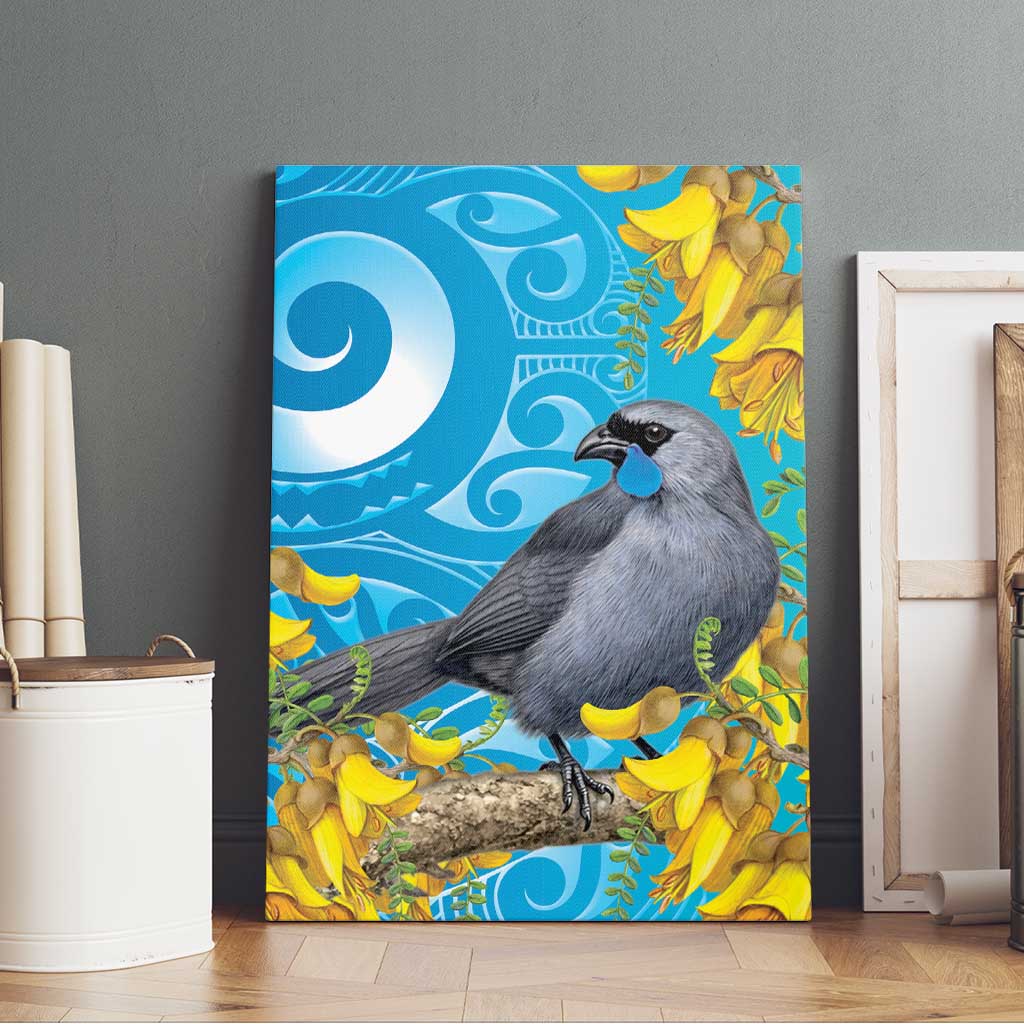 New Zealand Kokako Bird Canvas Wall Art Maori Koru With Kowhai Flowers LT05 - Polynesian Pride
