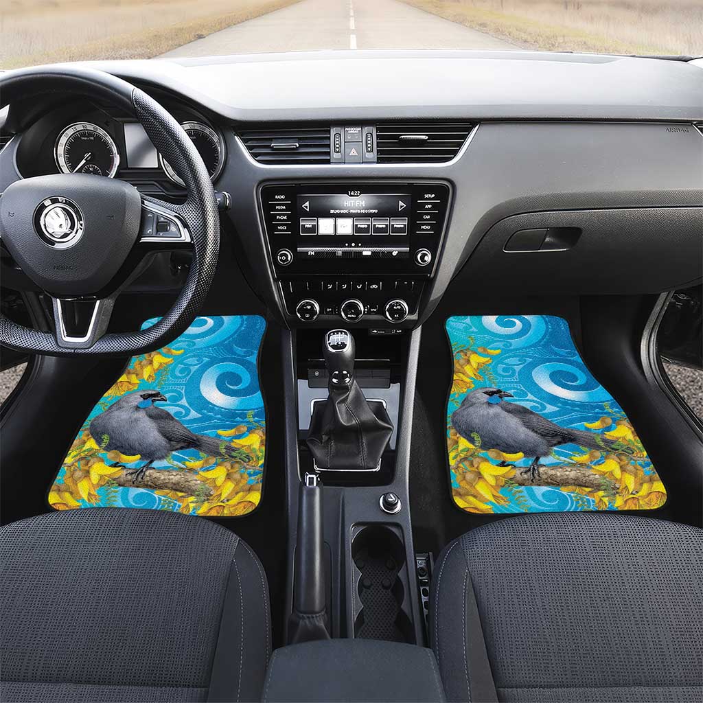 New Zealand Kokako Bird Car Mats Maori Koru With Kowhai Flowers LT05 Set 2pcs - Front Aqua - Polynesian Pride