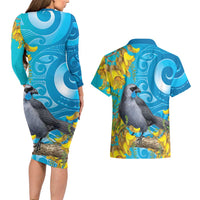 New Zealand Kokako Bird Couples Matching Long Sleeve Bodycon Dress and Hawaiian Shirt Maori Koru With Kowhai Flowers LT05 - Polynesian Pride