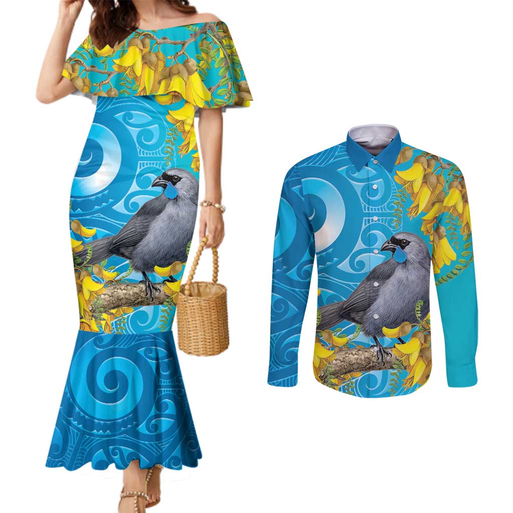 New Zealand Kokako Bird Couples Matching Mermaid Dress and Long Sleeve Button Shirt Maori Koru With Kowhai Flowers LT05 Aqua - Polynesian Pride