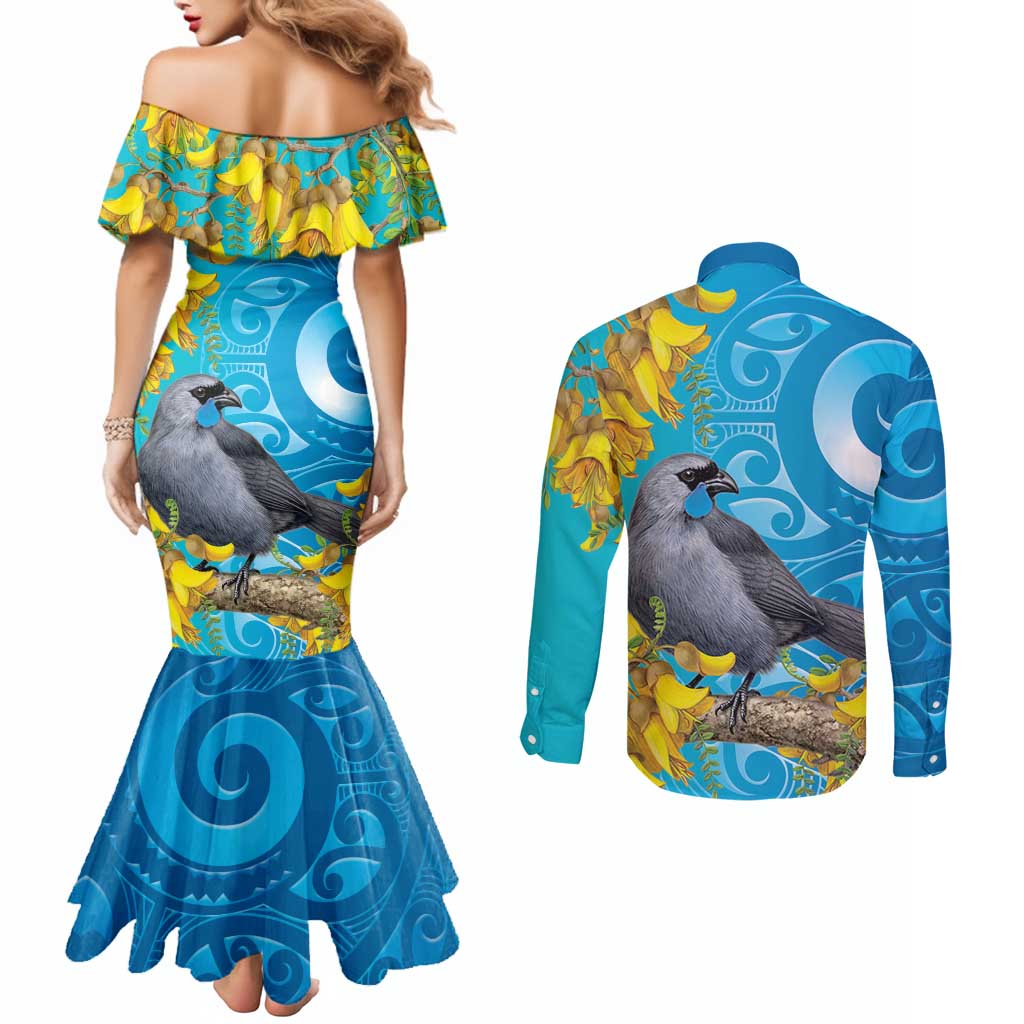 New Zealand Kokako Bird Couples Matching Mermaid Dress and Long Sleeve Button Shirt Maori Koru With Kowhai Flowers LT05 - Polynesian Pride
