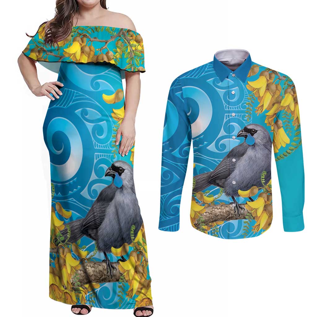 New Zealand Kokako Bird Couples Matching Off Shoulder Maxi Dress and Long Sleeve Button Shirt Maori Koru With Kowhai Flowers LT05 Aqua - Polynesian Pride