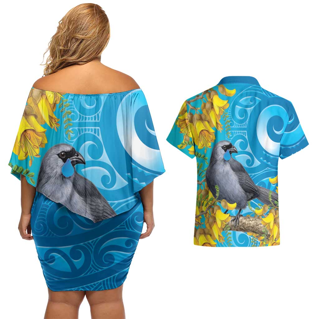 New Zealand Kokako Bird Couples Matching Off Shoulder Short Dress and Hawaiian Shirt Maori Koru With Kowhai Flowers LT05 - Polynesian Pride